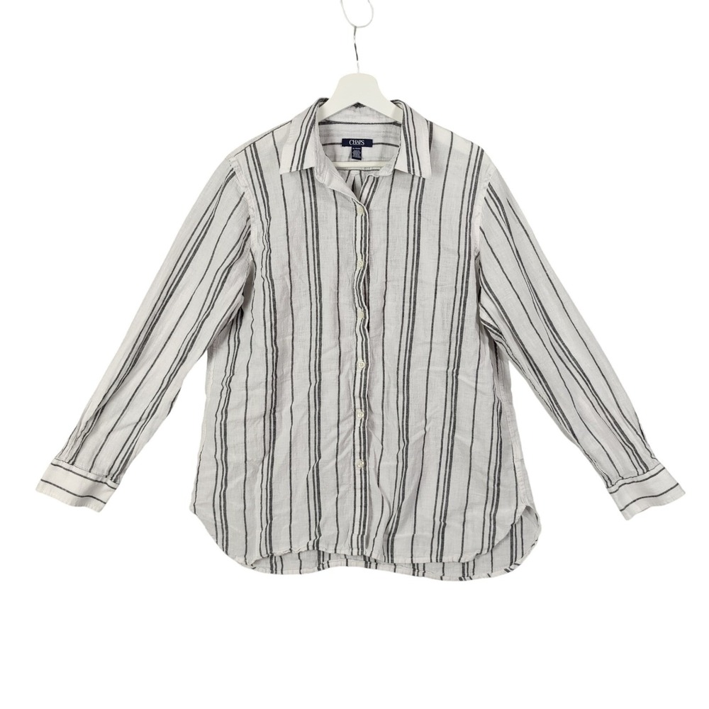 Chaps Womens Coastal Nautical Linen Cotton Button Front XL White Striped Shirt
